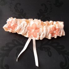 Romantic wedding garter satin pink powdered lace double salmon silk flowers hand painted