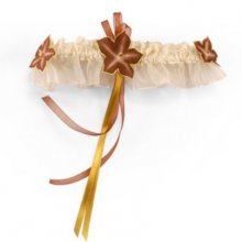 Wedding garter ivory lace silk flower chocolate and gold