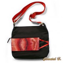 black cotton and red silk handbag painted Sibille adjustable shoulder strap