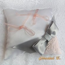 wedding ring cushion white lace salmon bow grey satin Graziella