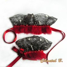 Red cuff bracelets fancy black lace and silver fur