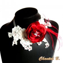 wedding necklace ivory lace red satin flower and feathers 