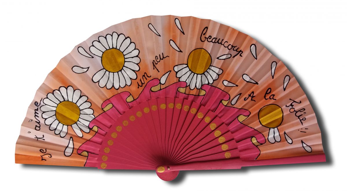 Hand drawn and painted satin fan "Je t'aime à la folie" (I love you madly)