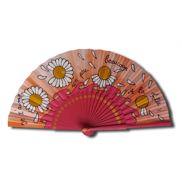 Hand drawn and painted satin fan "Je t'aime à la folie" (I love you madly)