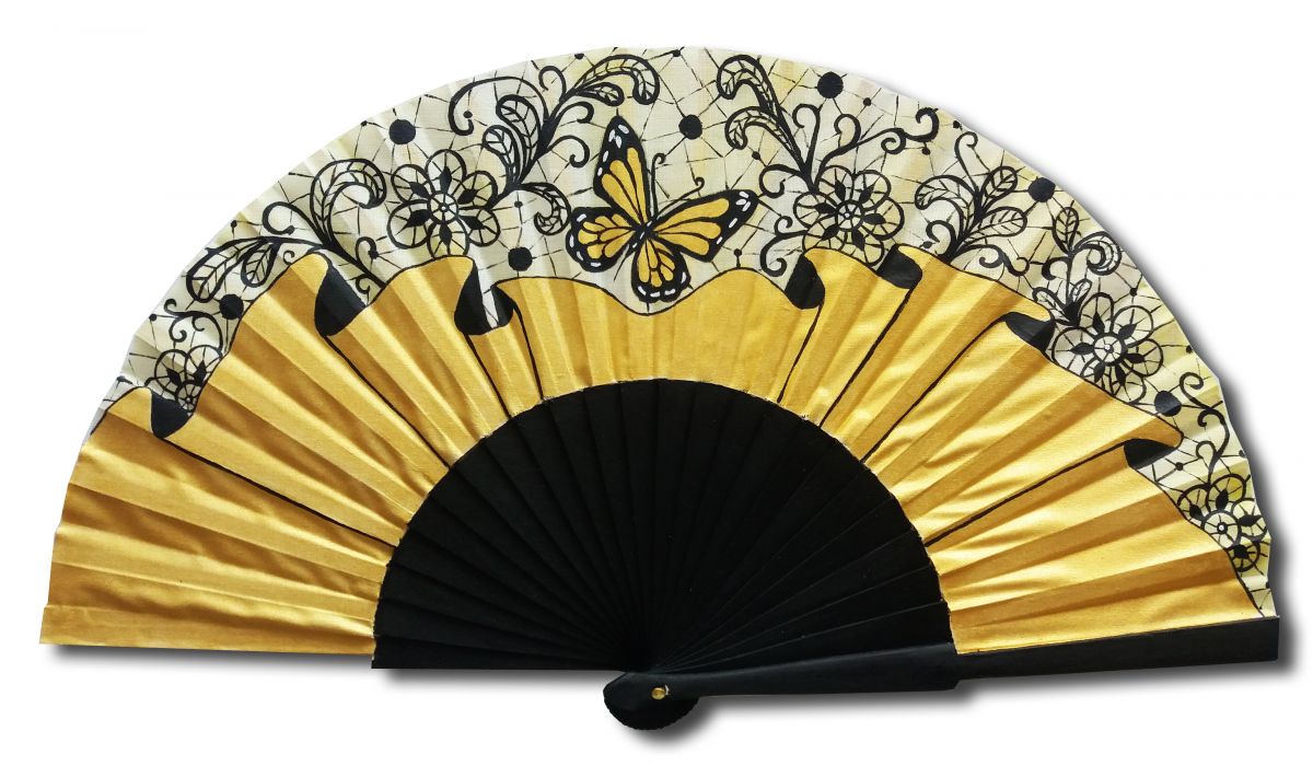 Hand-drawn and hand-painted satin fan "Soirée d'or