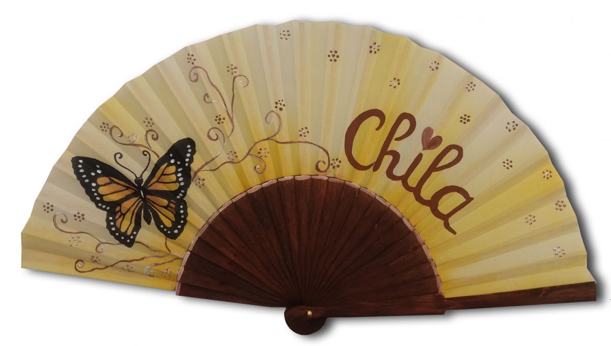 Hand drawn and painted satin fan "Butterfly