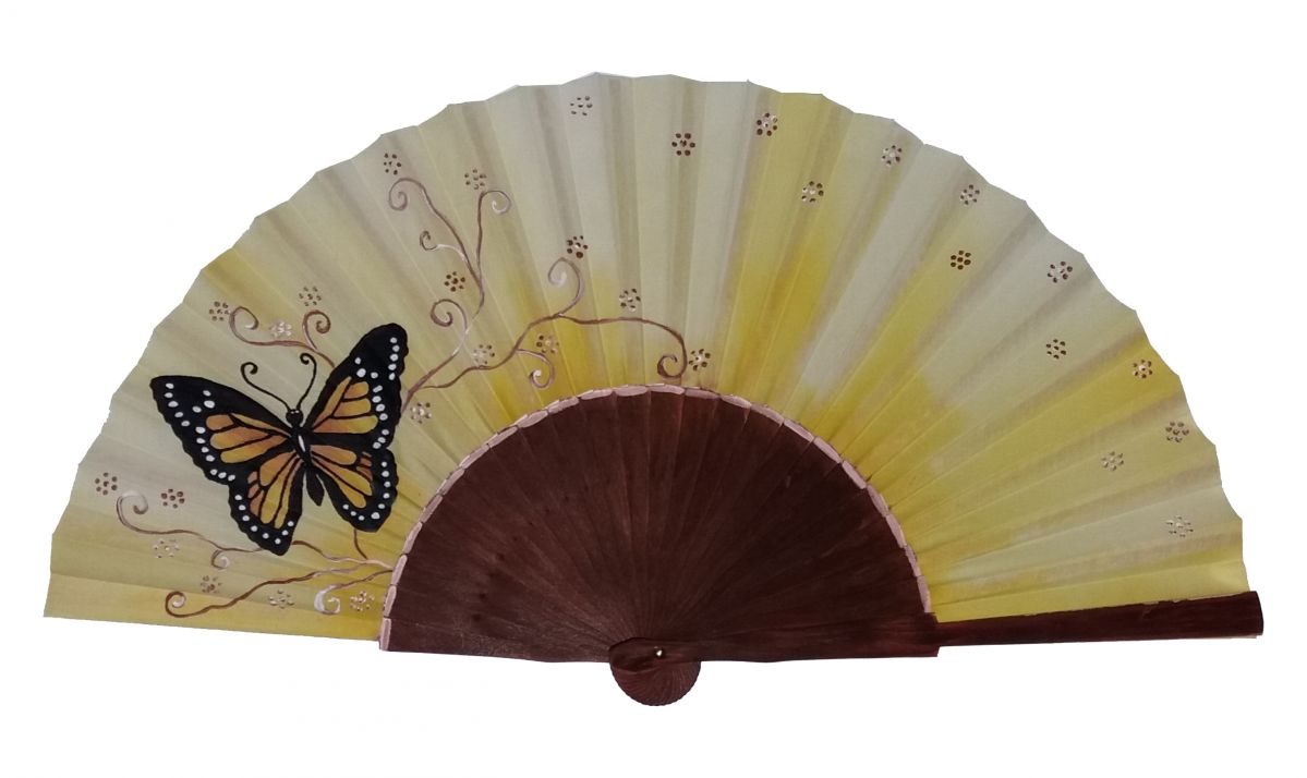 Hand drawn and painted satin fan "Butterfly