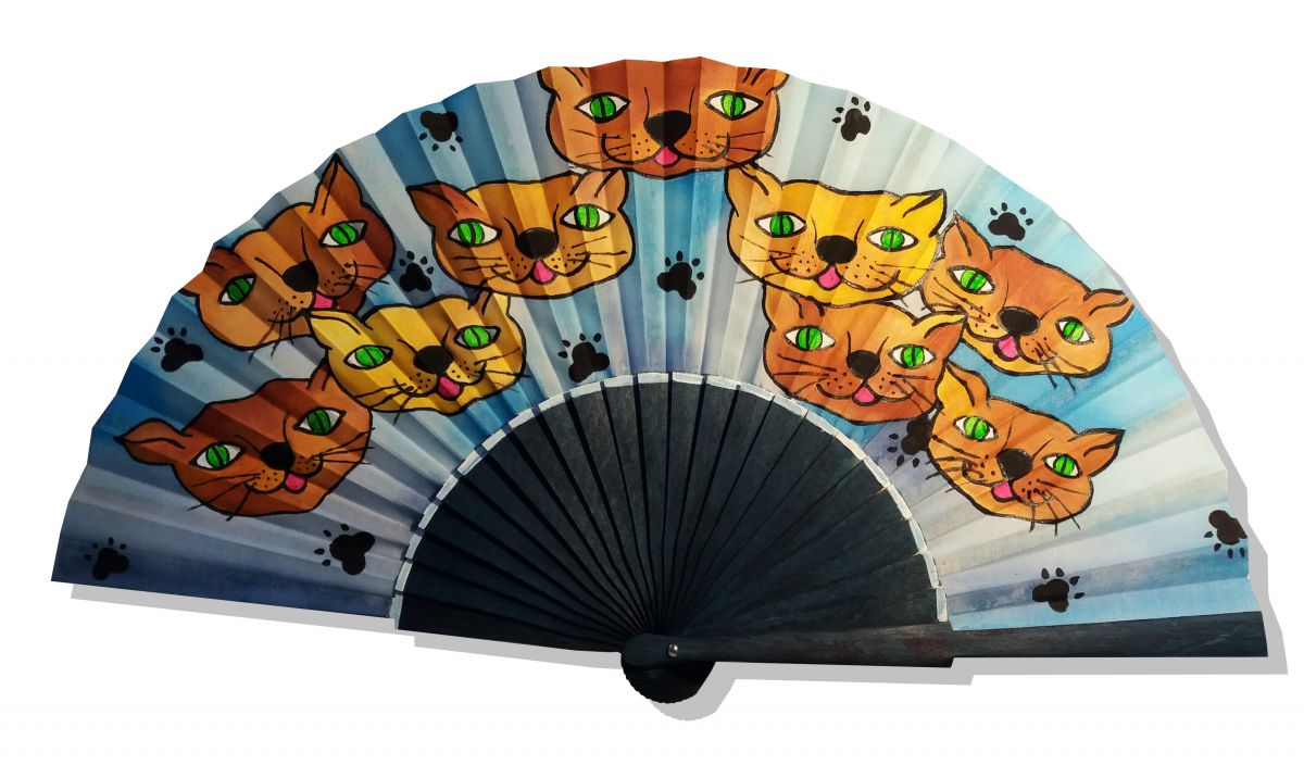 Hand drawn and painted satin fan "Cateyes