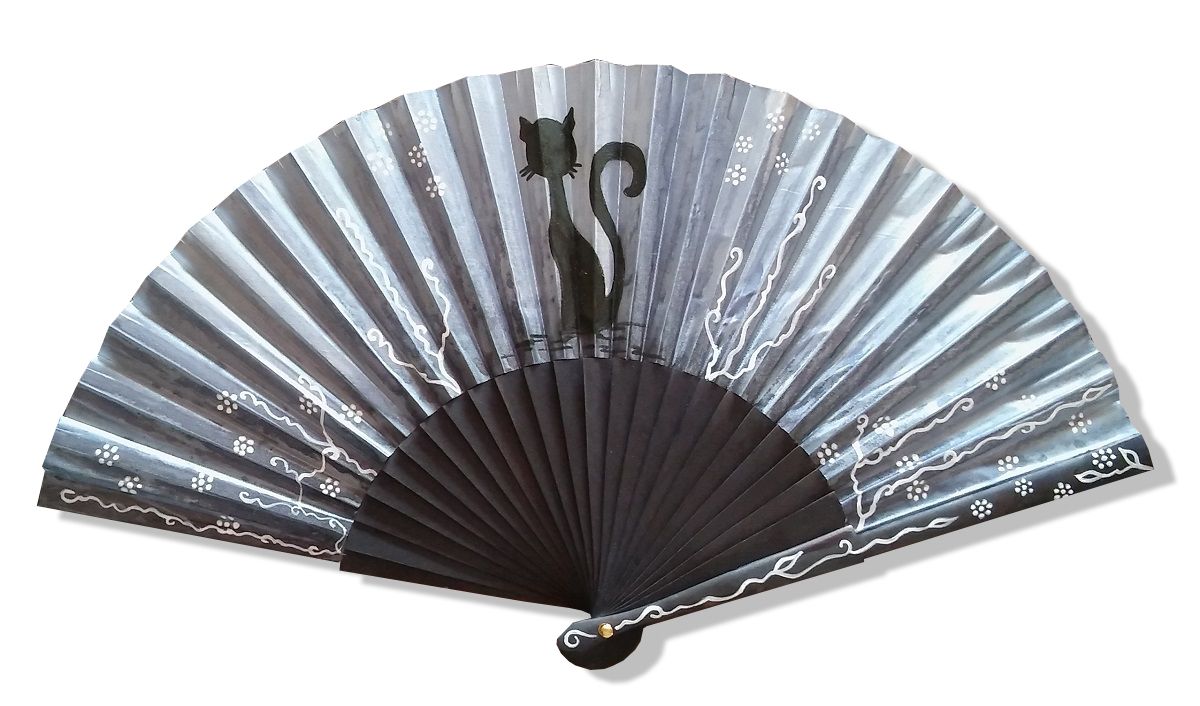 Hand drawn and painted satin fan "Grey Cat