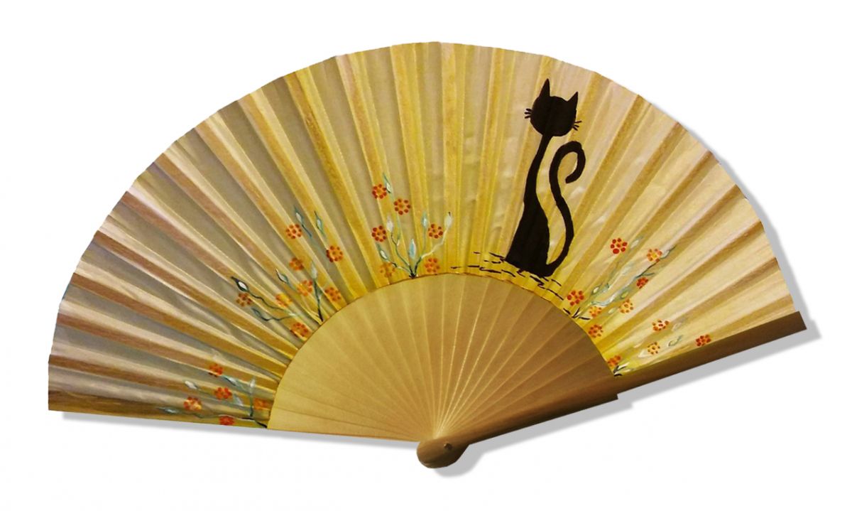 Hand drawn and painted satin fan "Chat sun