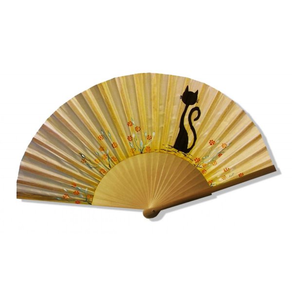 Hand drawn and painted satin fan "Chat sun