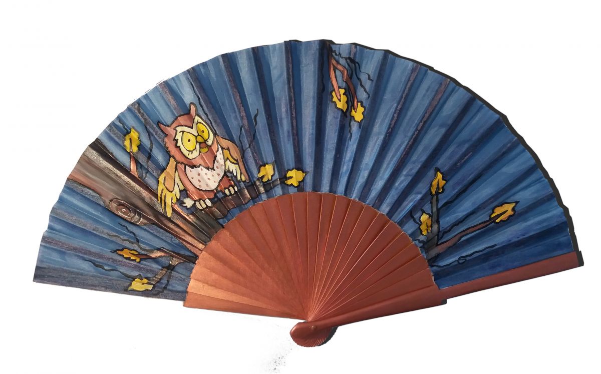 Hand drawn and painted satin fan "C chouette