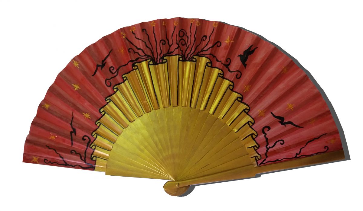 Hand drawn and painted satin fan "Golden flight