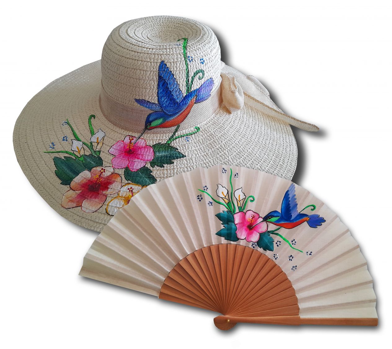 Hand drawn and painted cotton fan "hummingbird of the sun