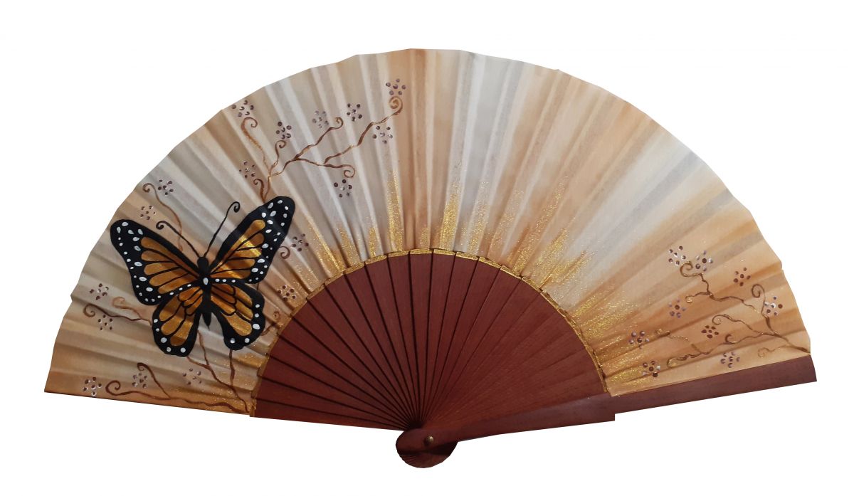 Hand drawn and painted cotton satin fan "Monarcor