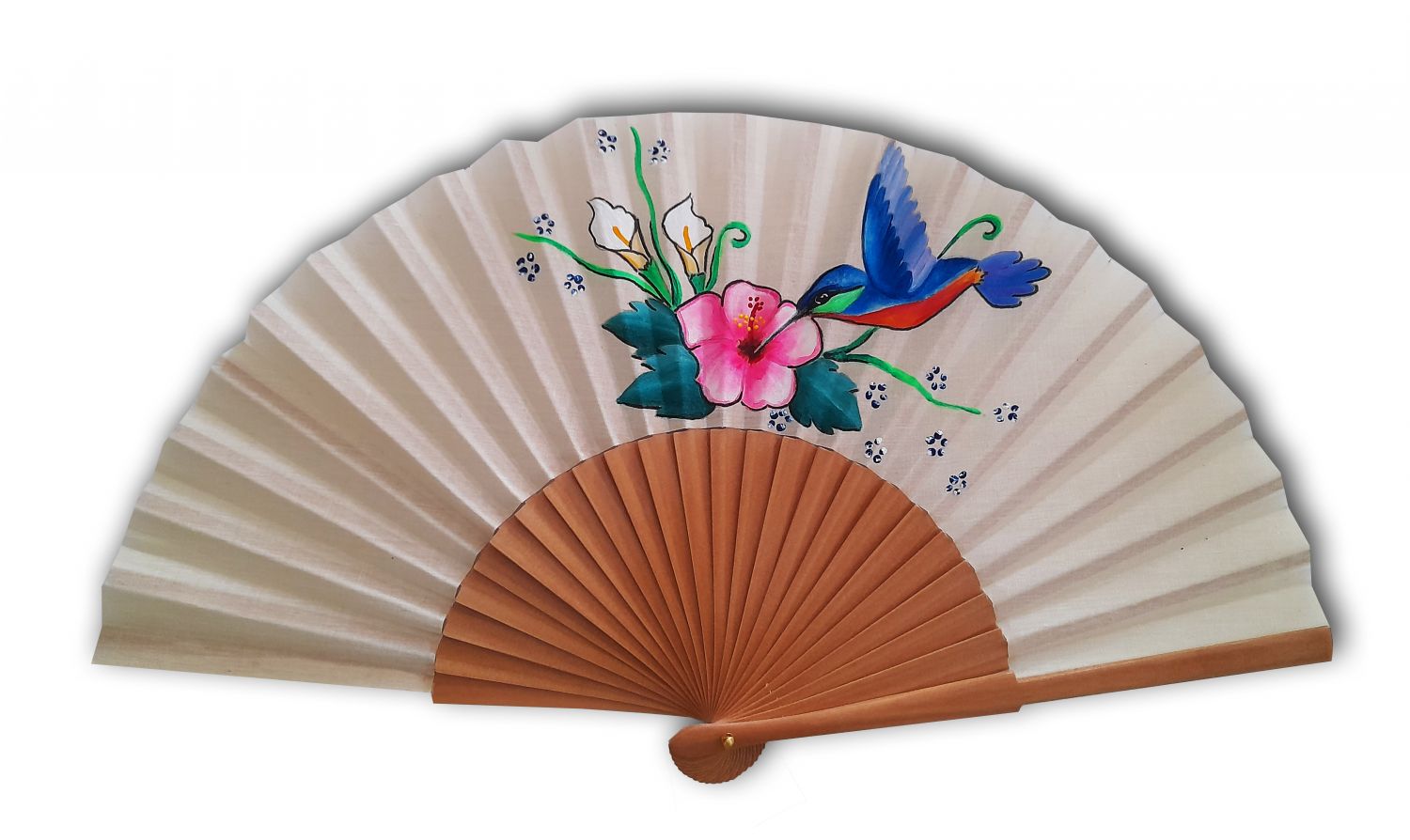 Hand drawn and painted cotton fan "hummingbird of the sun