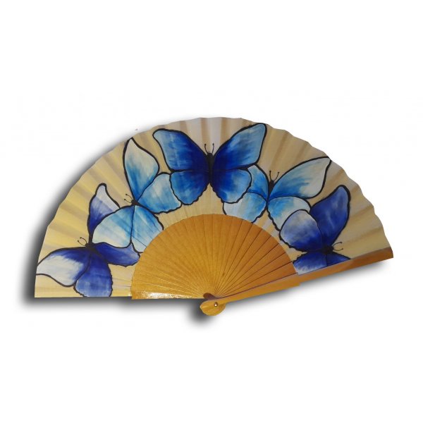 Eventail en coton dessin&eacute; et peint &agrave; la main "Papillons du sud"