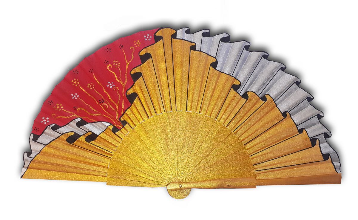 Hand painted cotton satin fan "Hermes red drape