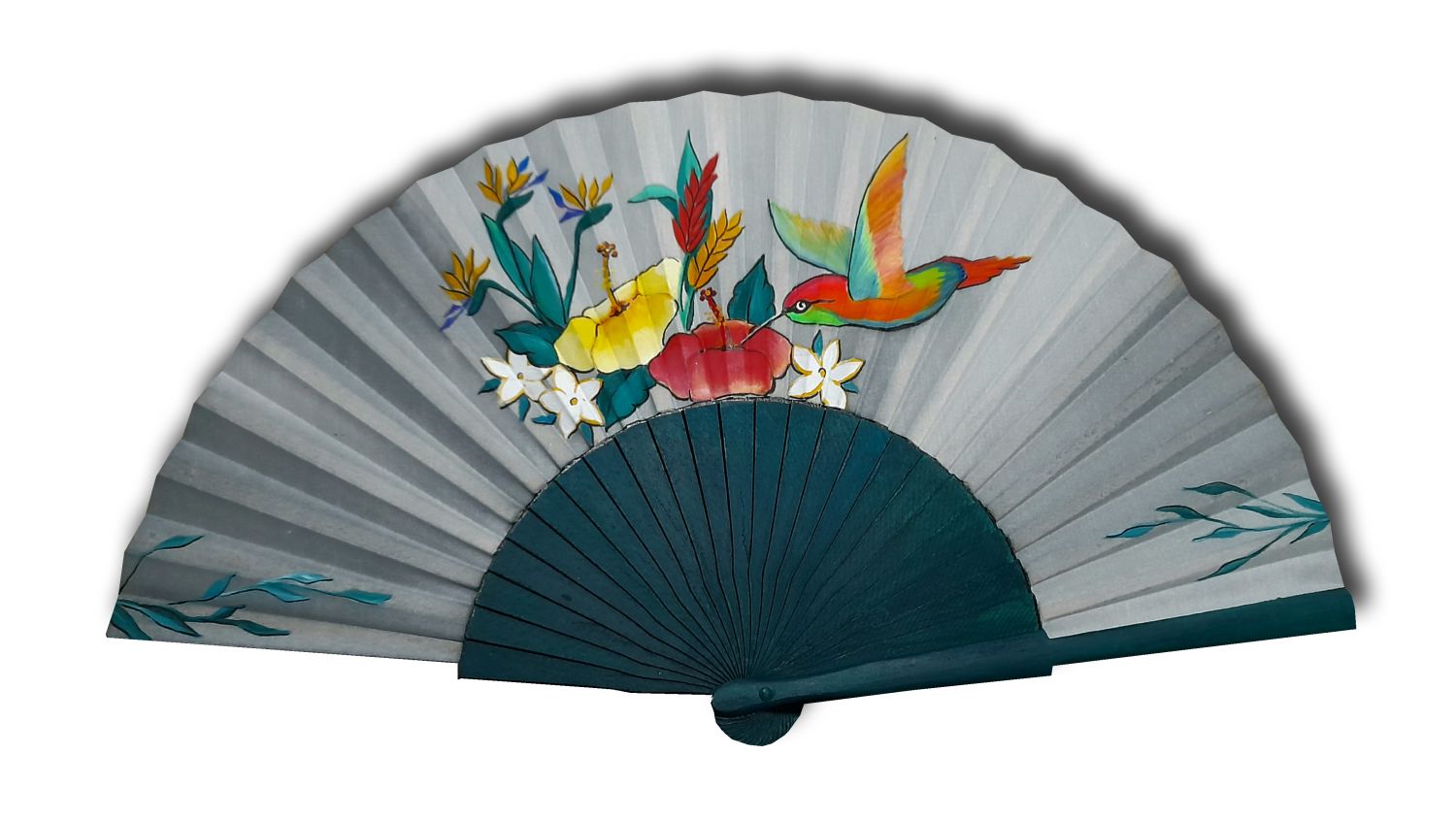 Hand drawn and painted satin fan "Green Hummingbird