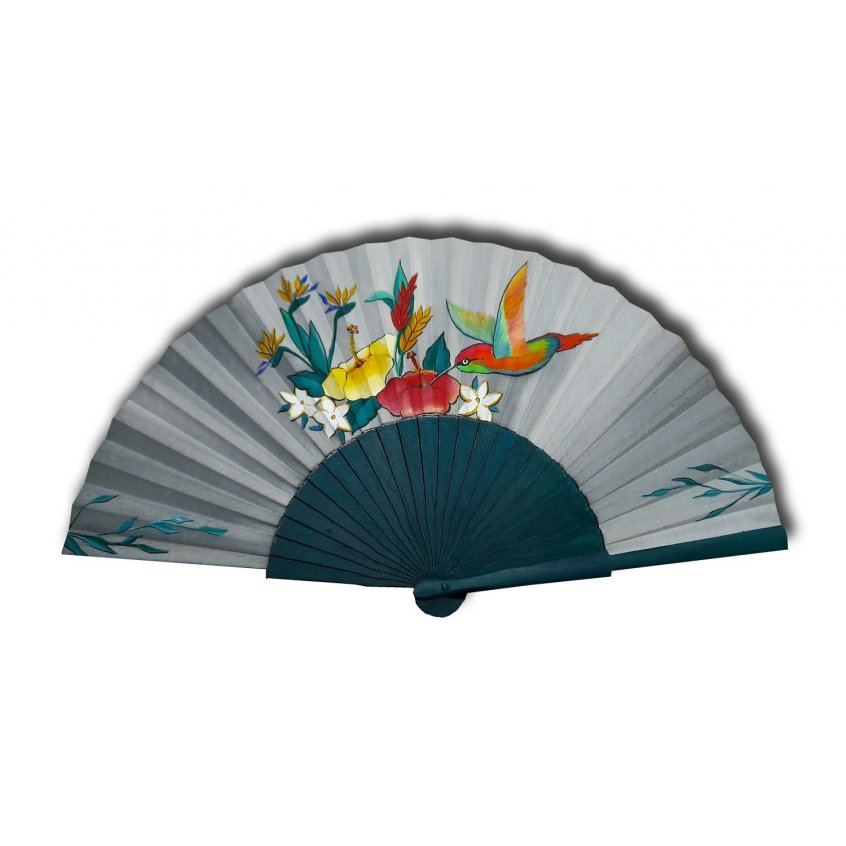 Hand drawn and painted satin fan "Green Hummingbird