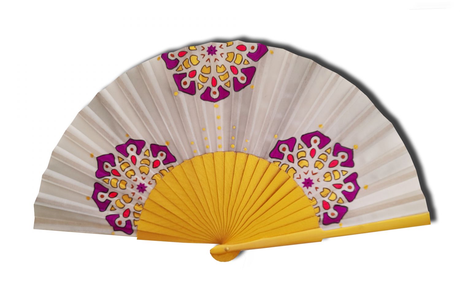 Hand drawn and painted satin fan "Zen Mandala