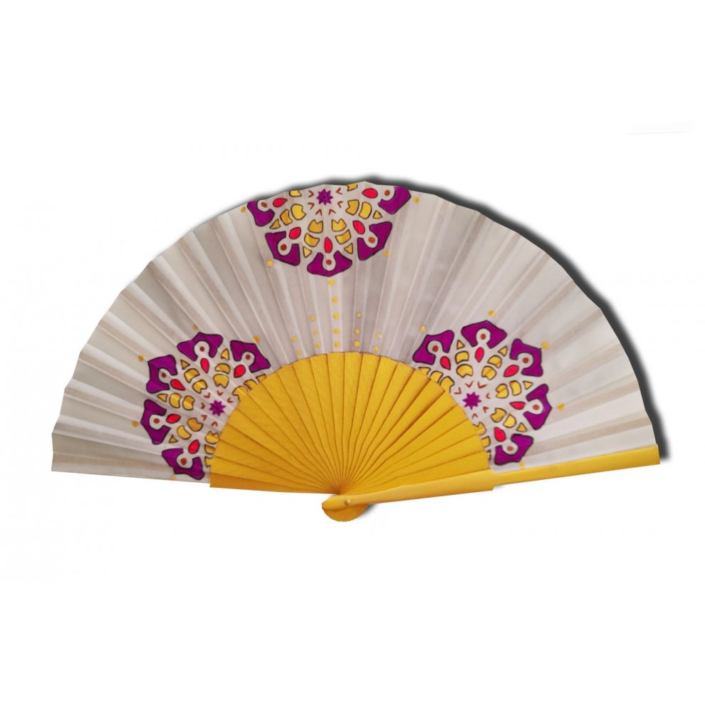 Hand drawn and painted satin fan "Zen Mandala