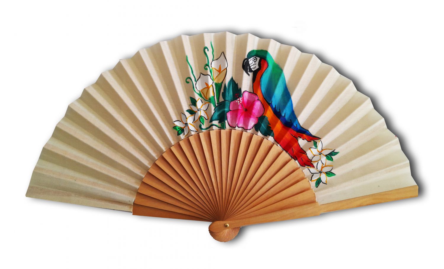 Hand drawn and painted cotton fan "Loro papagayo