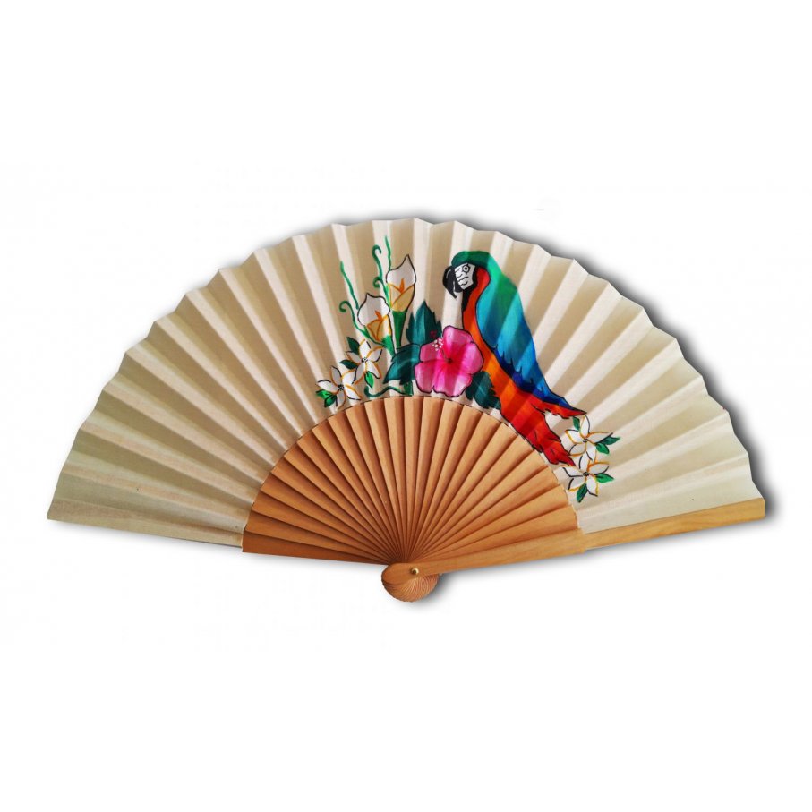 Hand drawn and painted cotton fan "Loro papagayo