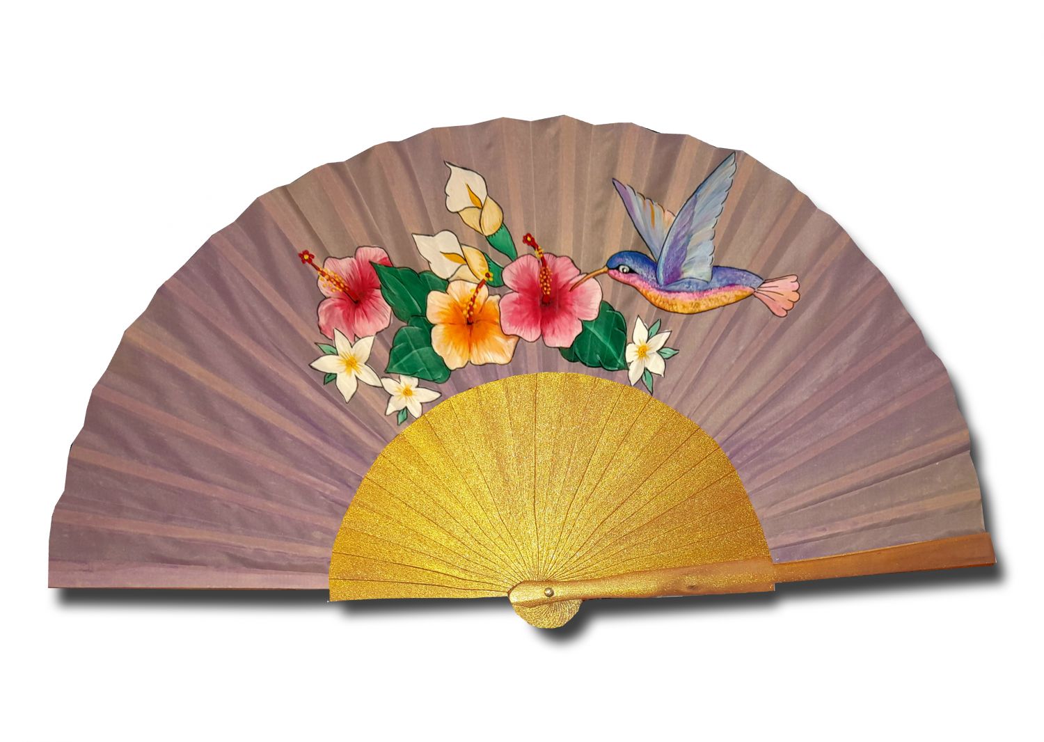 Hand-drawn and hand-painted satin fan "my lovely hummingbird".