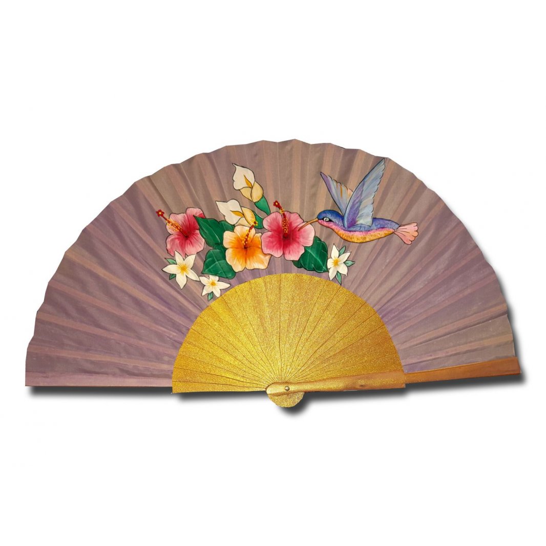 Hand-drawn and hand-painted satin fan "my lovely hummingbird".