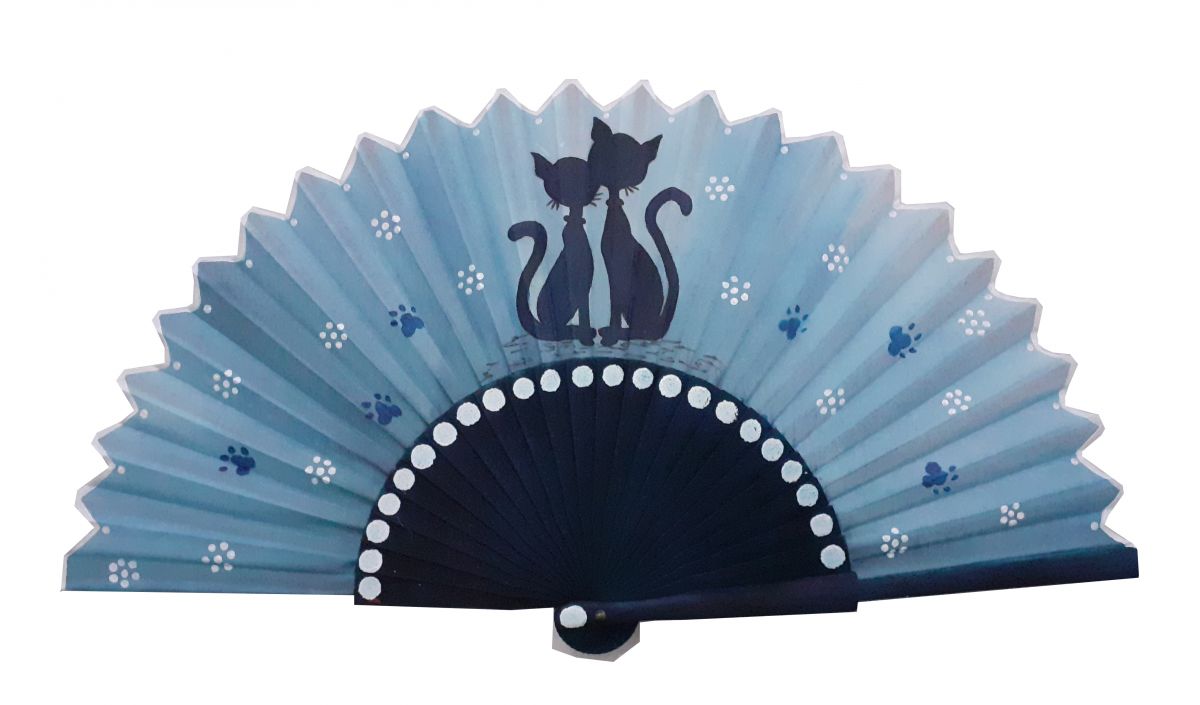 Hand drawn and painted satin fan "Cat floral