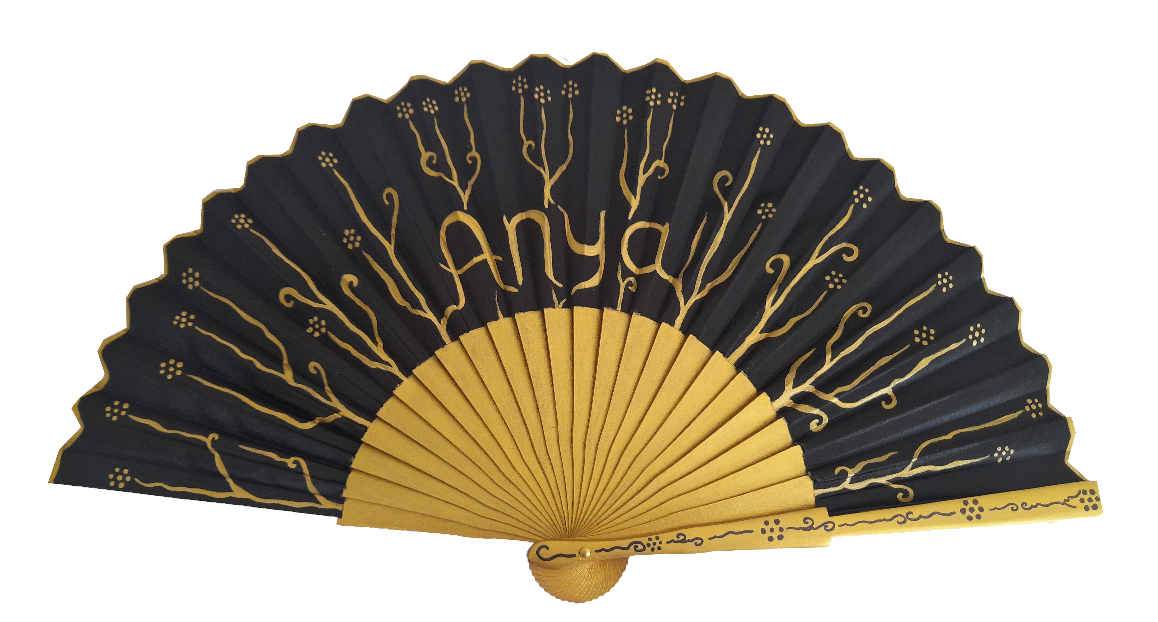 Hand drawn and painted cotton satin fan "Black and gold