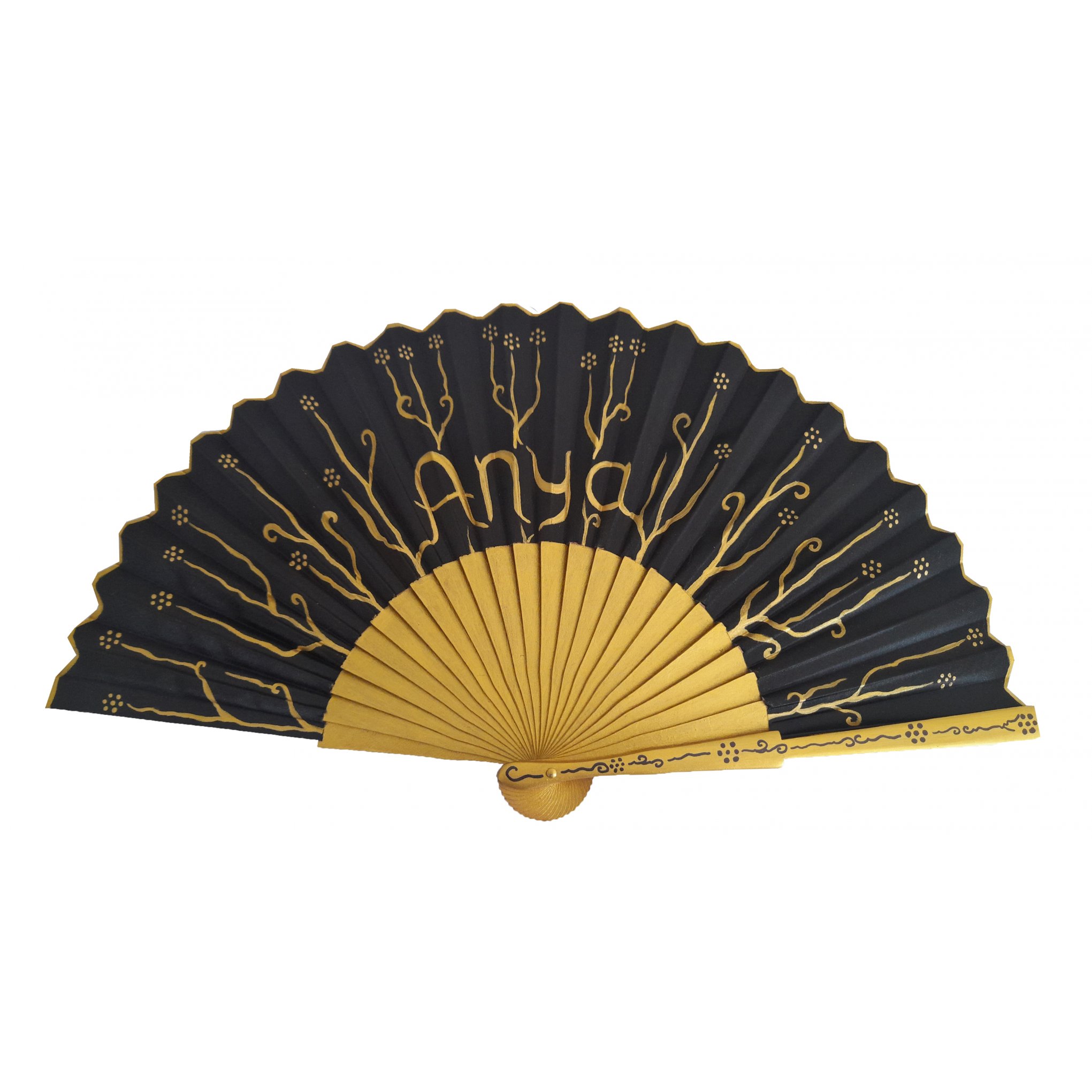 Hand drawn and painted cotton satin fan "Black and gold