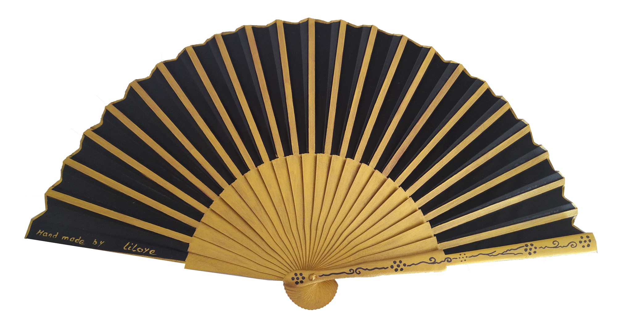 Hand drawn and painted cotton satin fan "Black and gold