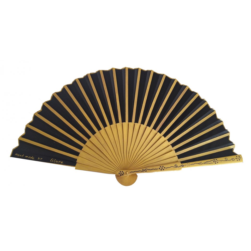 Hand drawn and painted cotton satin fan "Black and gold