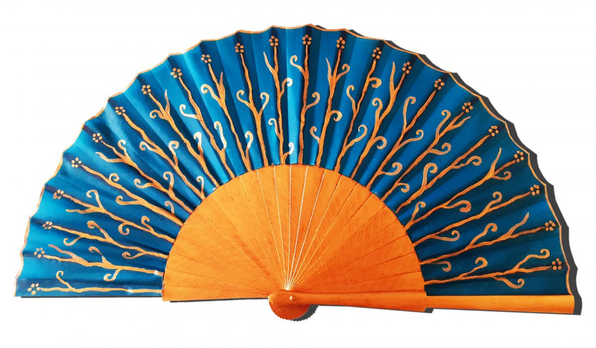 Hand-drawn and hand-painted cotton sateen fan "Fond marin