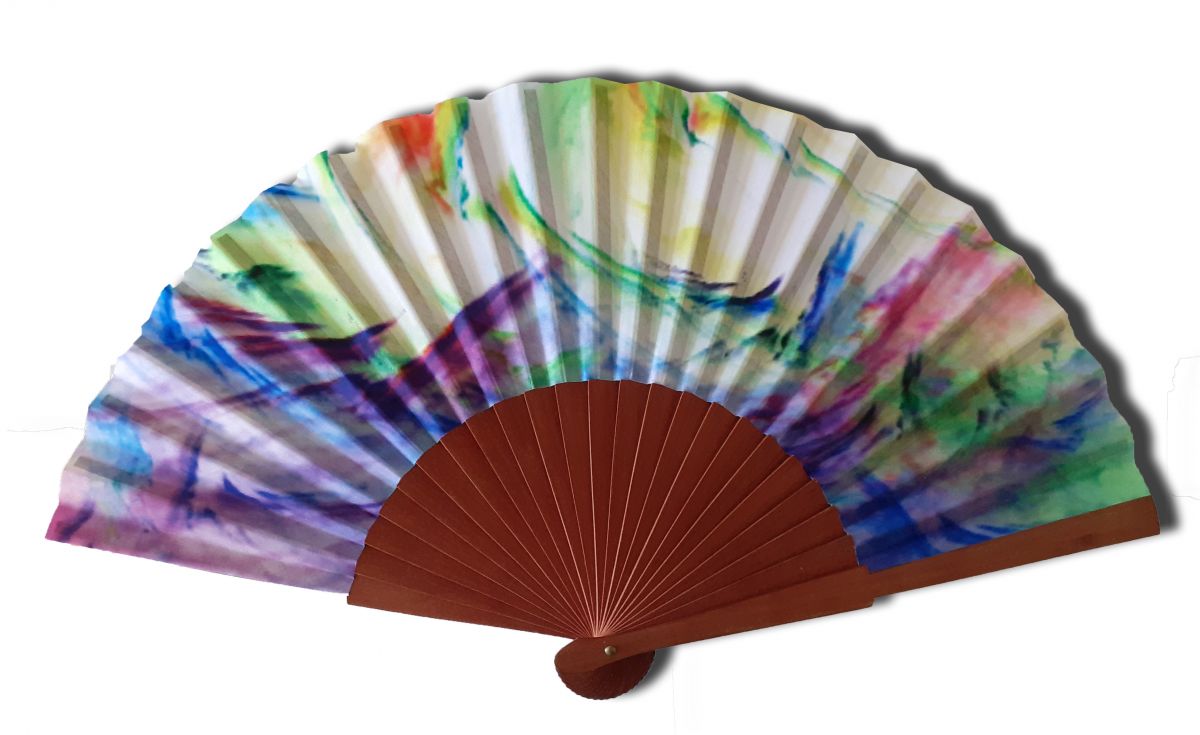 Hand drawn and painted satin fan "Aurora