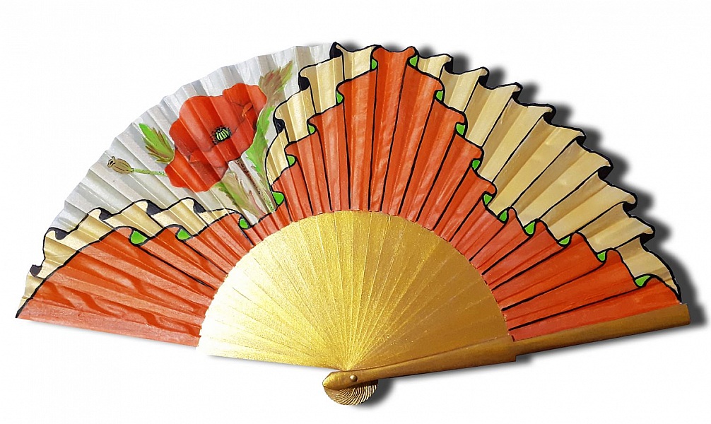  Eventail en soie dessin&eacute; et peint &agrave; la main et bois sycomore "coquelicot d&acute;or"