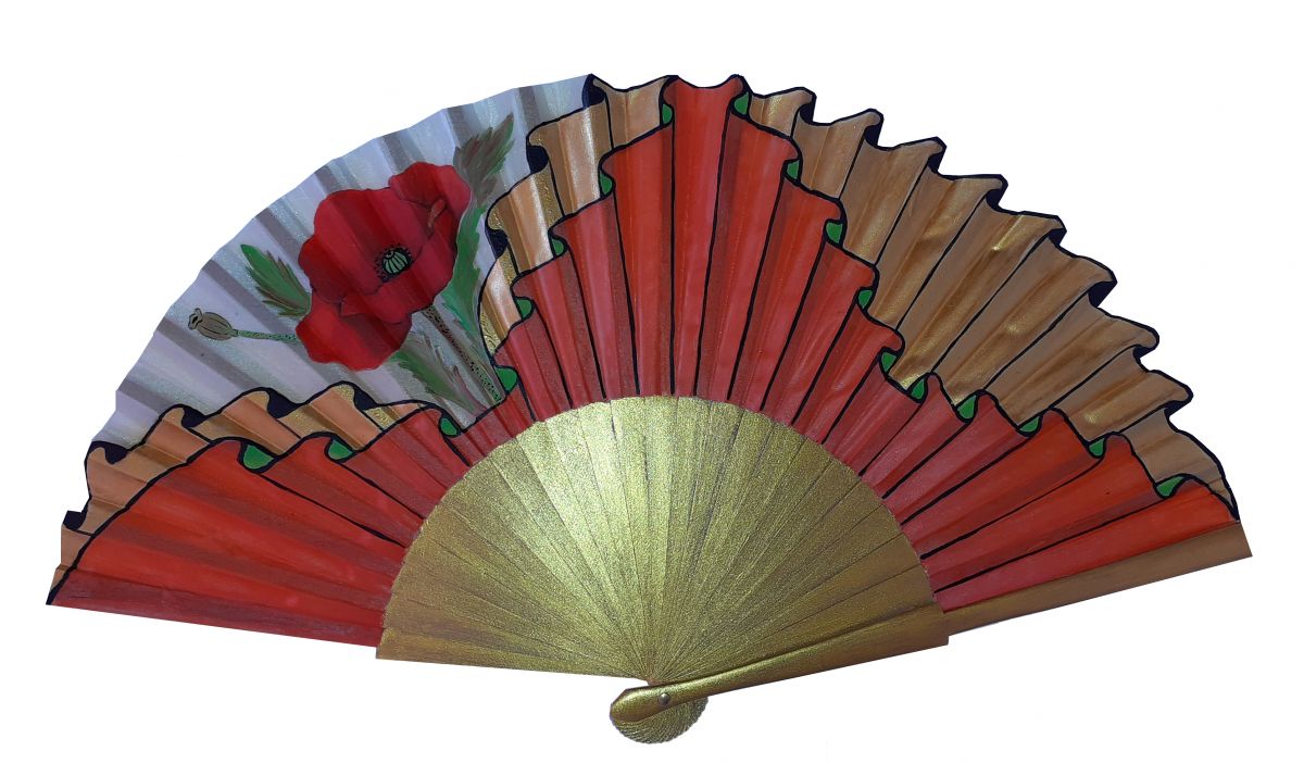 Hand drawn and painted satin fan "Golden Poppy