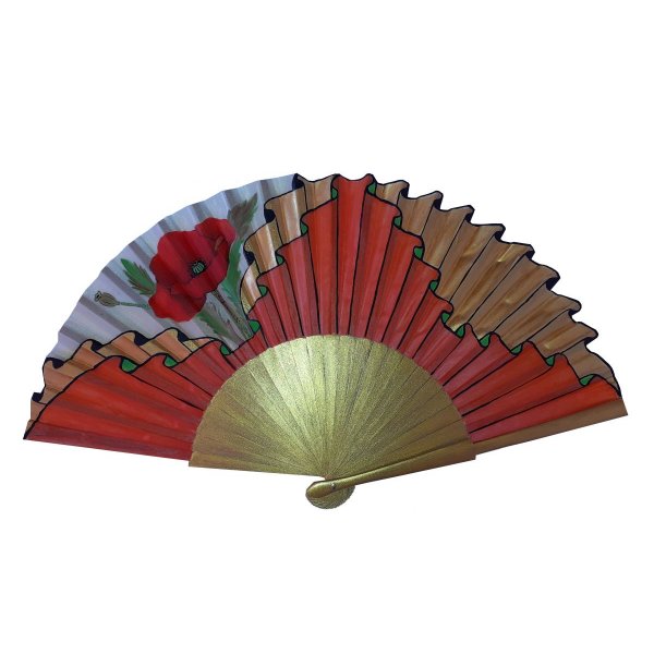 Hand drawn and painted satin fan "Golden Poppy