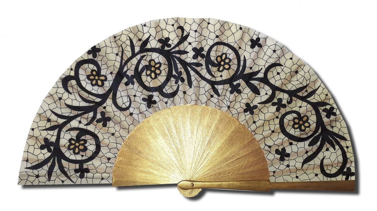 Hand drawn and painted satin fan "Plumetis