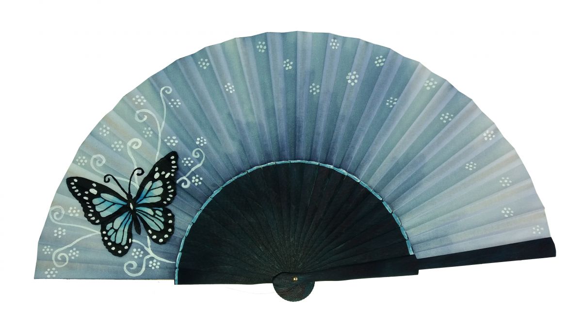 Hand drawn and painted satin fan "Mariposa azzuro