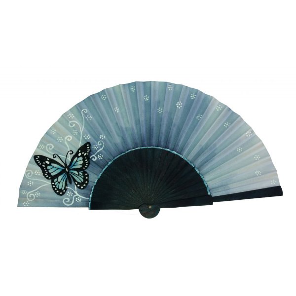 Hand drawn and painted satin fan "Mariposa azzuro