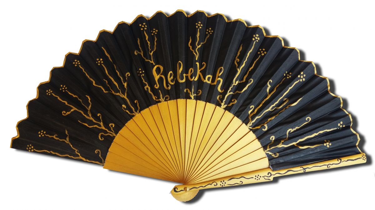 Hand drawn and painted cotton satin fan "Black and gold