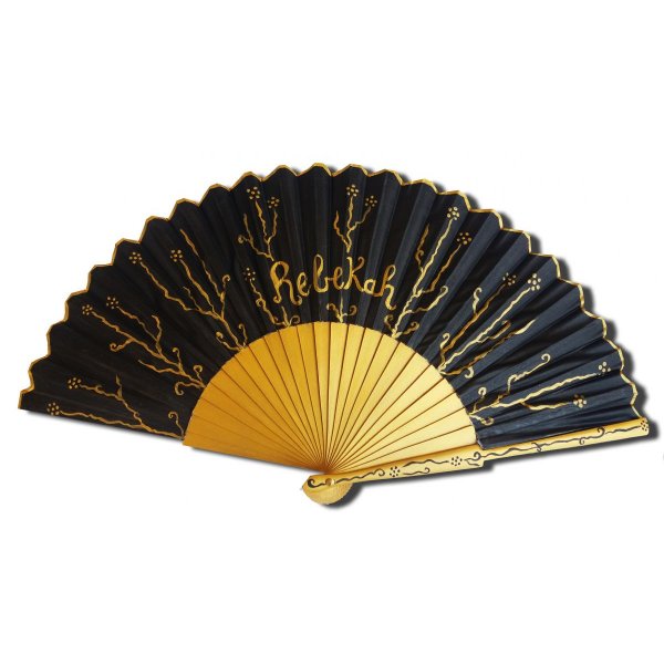 Hand drawn and painted cotton satin fan "Black and gold