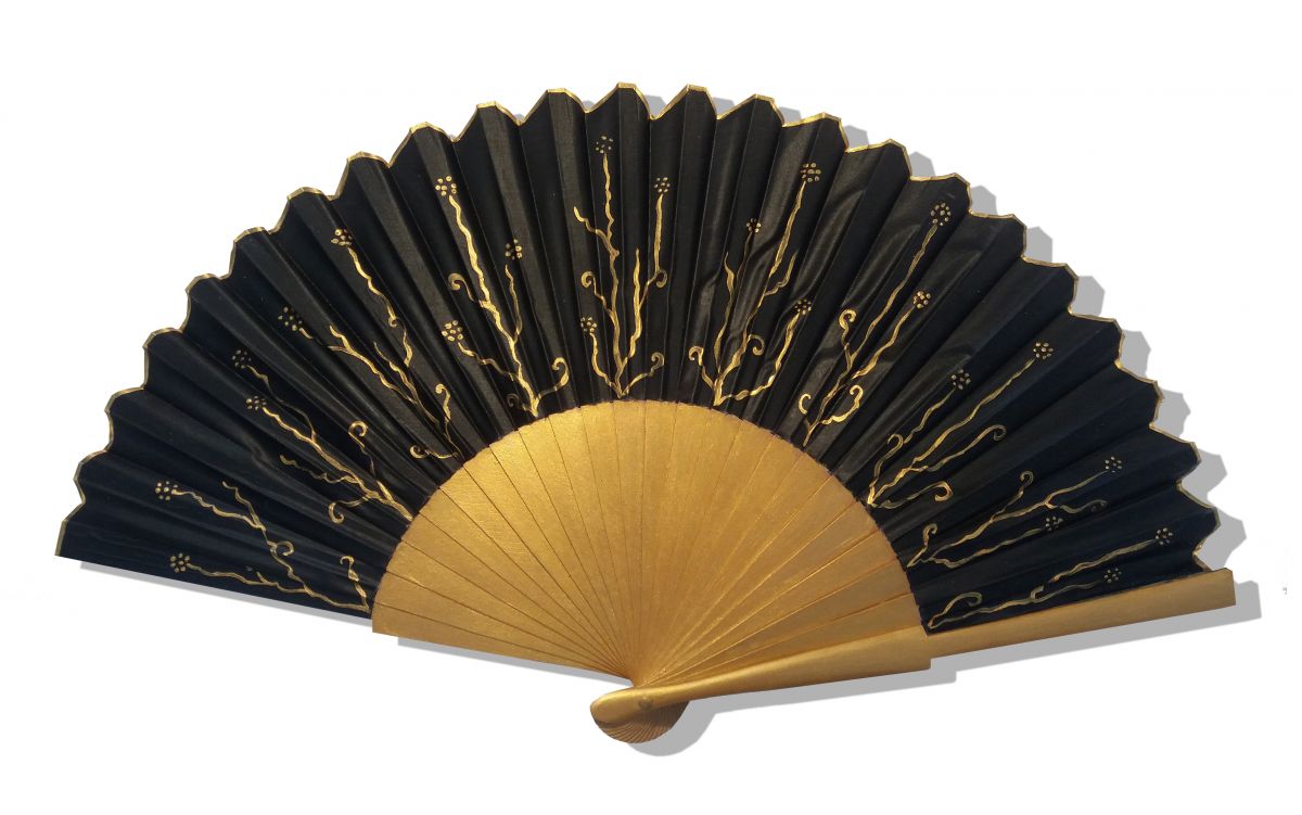 Hand drawn and painted cotton satin fan "Black and gold