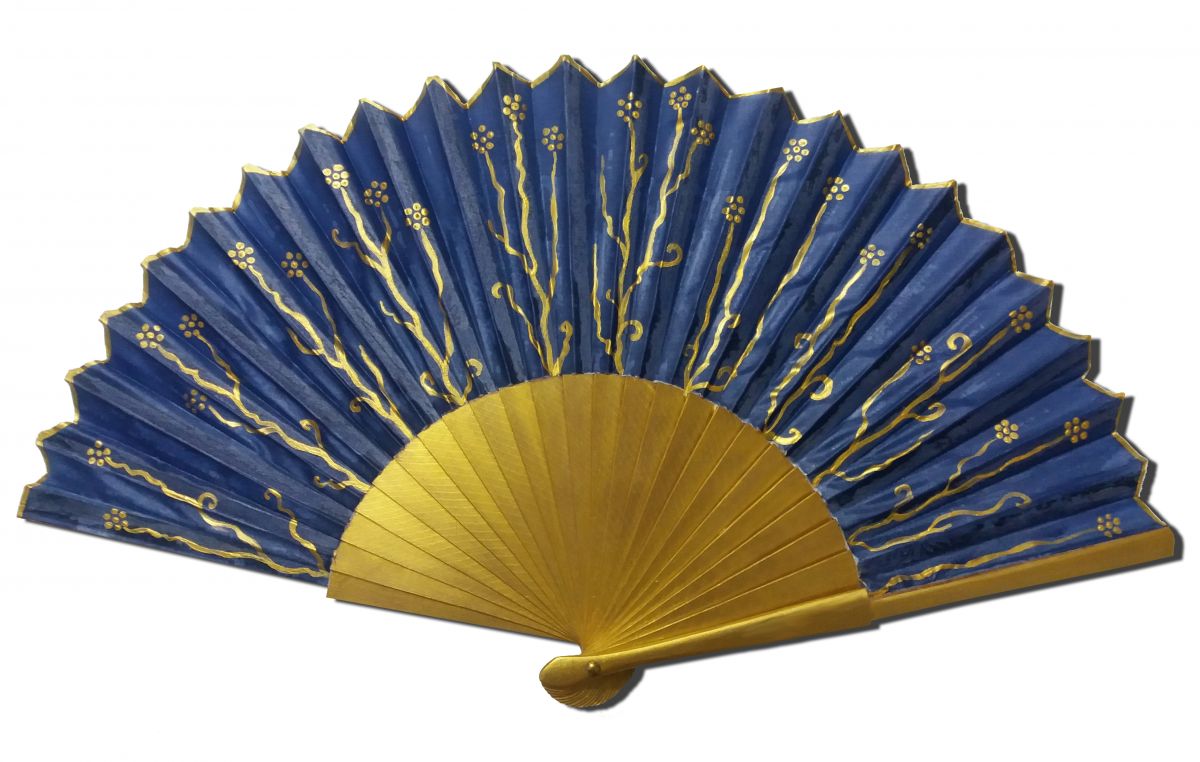 Hand-drawn and hand-painted cotton sateen fan "Night and Gold