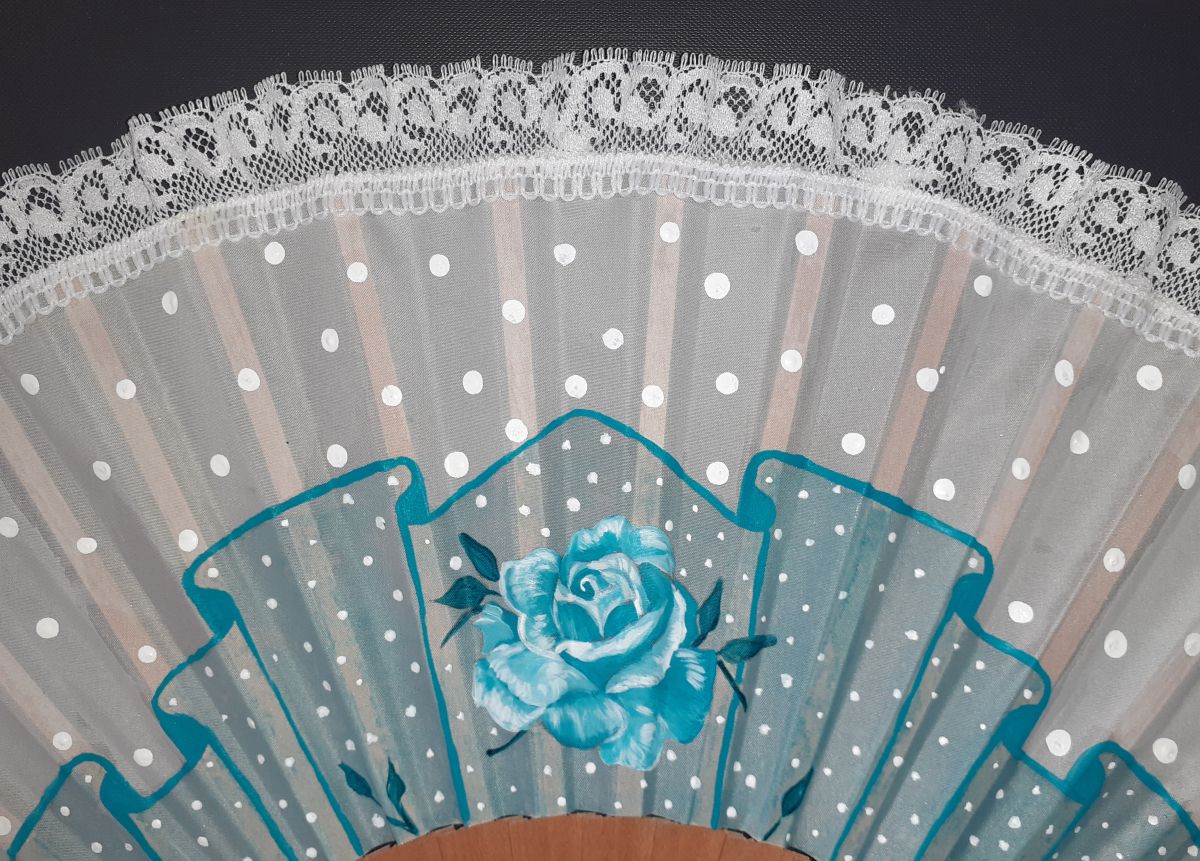 A great hand-drawn and hand-painted fan, customized with a "Blue Rose" lace