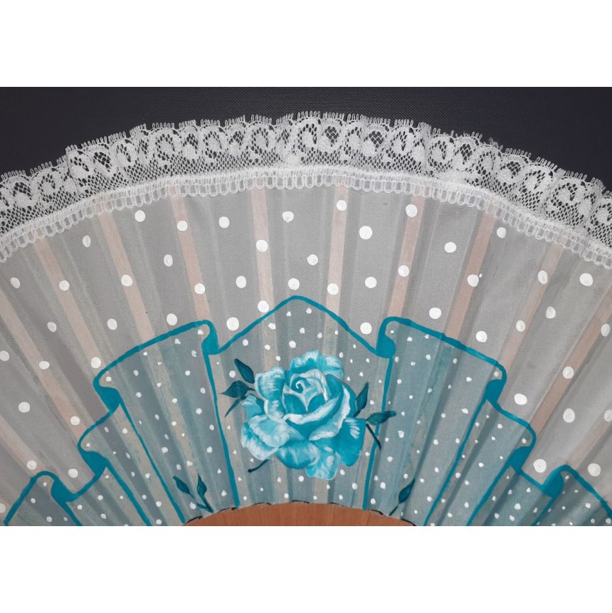 A great hand-drawn and hand-painted fan, customized with a "Blue Rose" lace