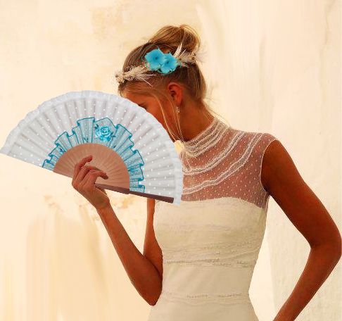 A great hand-drawn and hand-painted fan, customized with a "Blue Rose" lace